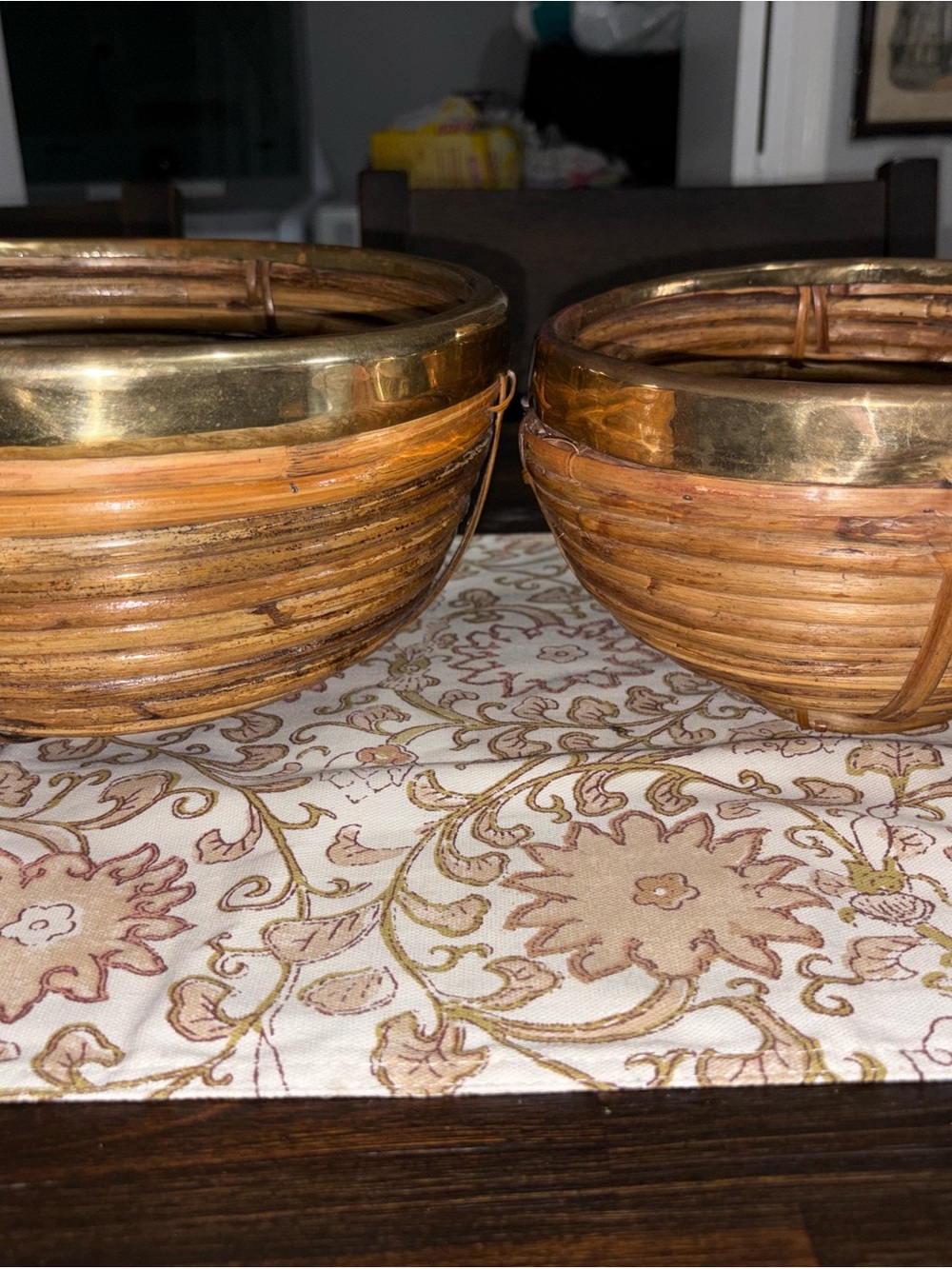 Set of 2 MCM Wooven Rattan Bowls with Brass Rim - Natural Brown & Gold Cepri